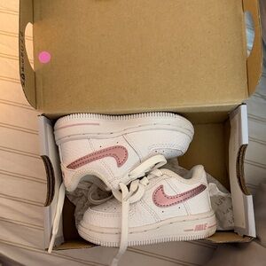 Nike White Sneakers with Pink Swoosh - Size 3C